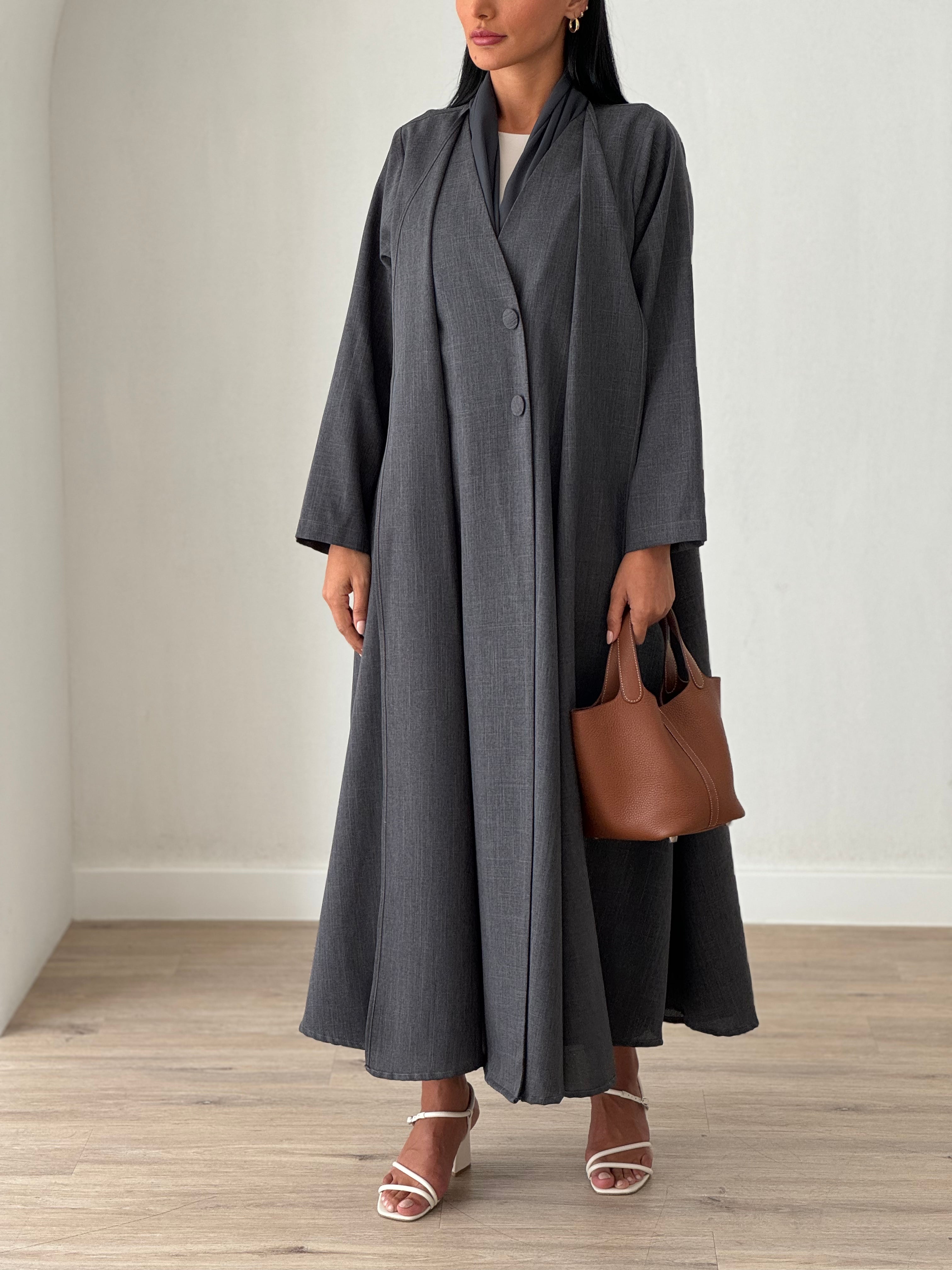 Layered Linen Abaya Dark Grey