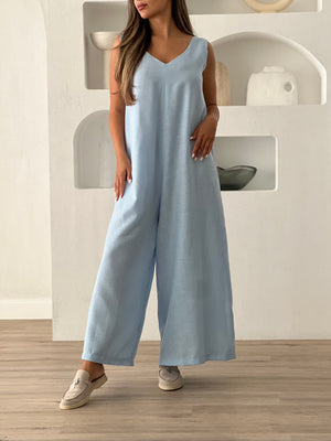 Open image in slideshow, Linen Jumpsuit Set Blue
