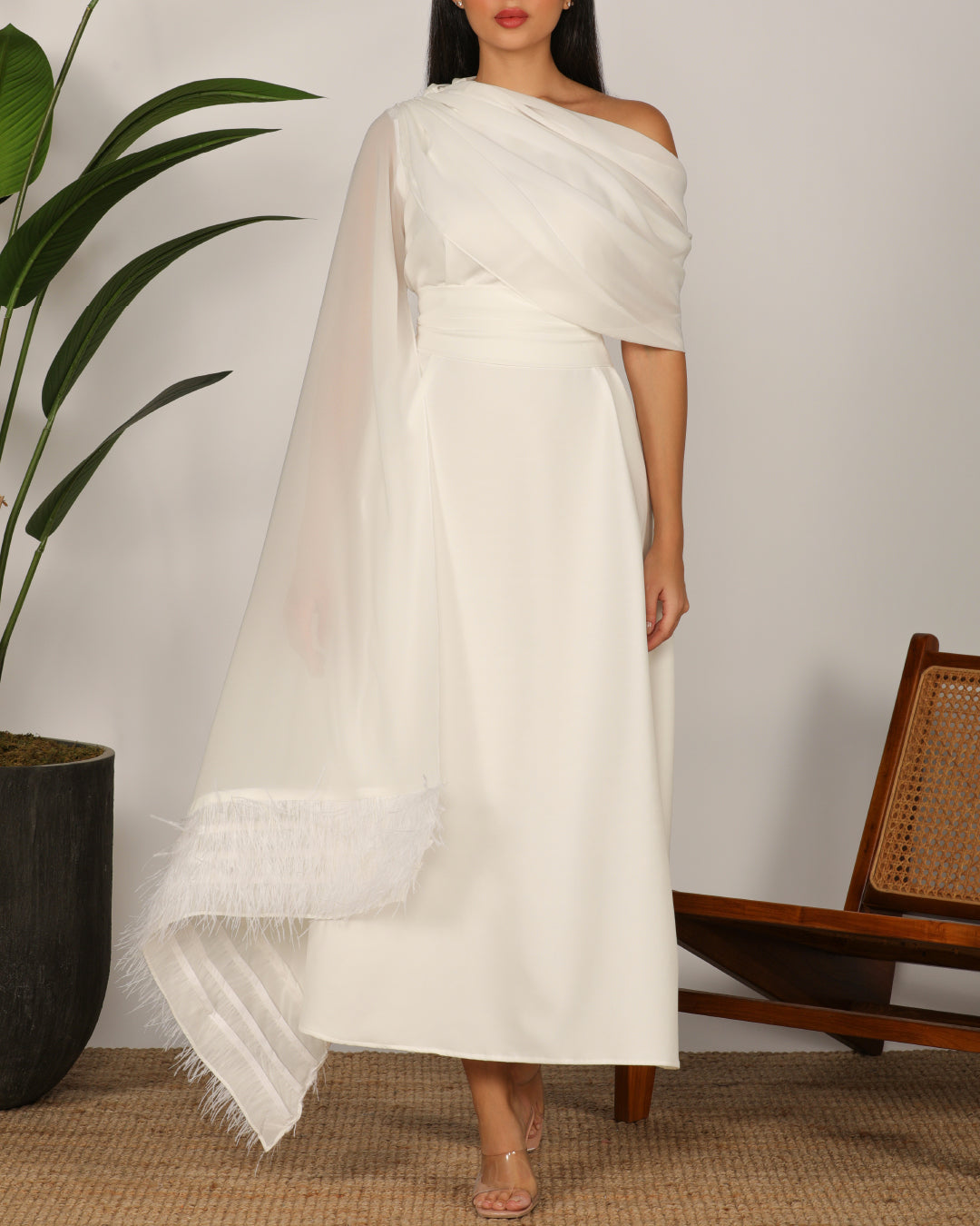 White Off-shoulder Feather Dress